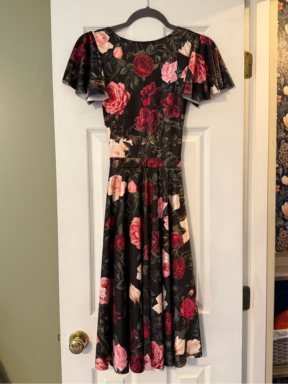 Blackmilk Black Floral Cutout V-Neck Fit & Flare Dress with Pink and Red Roses - Picture 2 of 5